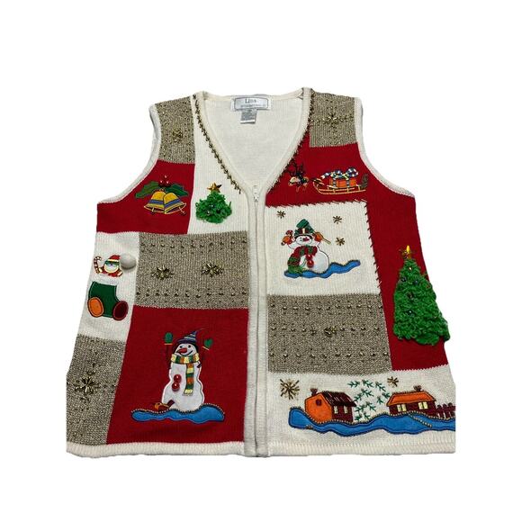 Lisa International Christmas Patchwork Zip Up Sweater Vest~Size Sm Sleeveless - Picture 1 of 15